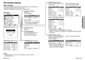 Page 1324-E
NGLISH
ENGLISH
-25
Basic Operation
When a YP
BPRsignal is being
input or SD CARD is selected
When a PC/DVI signal is being input
* “GAMMA ADJUST” is not displayed by PT-AE200U.
* “W-BAL R”, “W-BAL G” and “W-BAL B” are not displayed when DVI signal
is being input.
       PICTURE
PICTURE MODE  NORMAL
CONTRAST       0
BRIGHT         0
COLOR          0
TINT           0
SHARPNESS      0
COLOR TEMP.     0
GAMMA ADJUST
MEMORY SAVE
MEMORY LOAD
TV-SYSTEM     AUTO1
  
SELECT
  
ADJ     ESC
y      PICTURE...