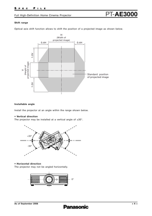 Page 6SPECFILE
PT-AE3000Full High-Definition Home Cinema Projector
As of September 2008< 6 >
Shift range
Optical axis shift function allows to shift the position of a projected image as shown below.
1.0V1.0V
0.4H 0.4H
H
(Width of
projected image)
V
(Height of
projected image)S tandard  pos ition
of projected image
Installable angle
Install the projector at an angle within the range shown below.
• Vertical direction
The projector may be installed at a vertical angle of ±30°.
• Horizontal direction
The projector...