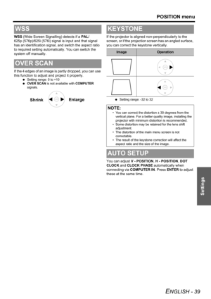 Page 39POSITION menu
ENGLISH - 39
Settings
WSS (Wide Screen Signalling) detects if a PAL/
625p (576p)/625i (576i) signal is input and that signal 
has an identification signal, and switch the aspect ratio 
to required setting automatically. You can switch the 
system off manually.
If the 4 edges of an image is partly dropped, you can use 
this function to adjust and project it properly.
 Setting range: 0 to +10
 OVER SCAN is not available with COMPUTER 
signals.
If the projector is aligned non-perpendicularly...