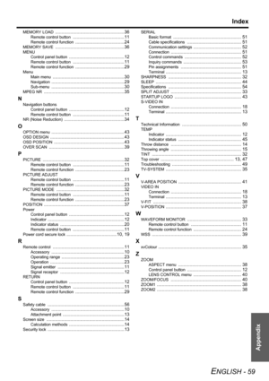 Page 59Appendix
Index
ENGLISH - 59
MEMORY LOAD .......................................................36
Remote control button .........................................11
Remote control function .......................................24
MEMORY SAVE .......................................................36
MENU
Control panel button
 ............................................12
Remote control button .........................................11
Remote control function .......................................29...