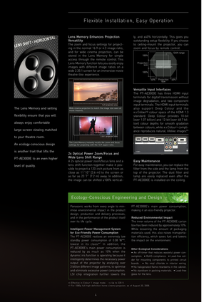 Page 54
Lens Memory Enhances Projection
Versatility
The zoom and focus settings for project-
ing in the normal 16:9 or 4:3 image ratio,
and for wide cinema projection, can be
stored in the Lens Memory for simple
access through the remote control. This
Lens Memory function lets you easily enjoy
images with different image ratios on a
wide 2.35:1 screen for an immersive movie
theatre-like experience.
2x Optical Power Zoom/Focus and 
Wide Lens Shift Range 
A 2x optical power zoom/focus lens and a
lens shift...