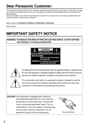 Page 22
Dear Panasonic Customer:
This instruction booklet provides all the necessary operating information that you might require. We hope it will help
you to get the most performance out of your new product, and that you will be pleased with your Panasonic DLP®
based projector.
The serial number of your product may be found on its back. You should note it in the space provided below and
retain this booklet in case service is required.
Model number: PT-D5700U/PT-D5700UL/PT-DW5100U/PT-DW5100UL
Serial number:...