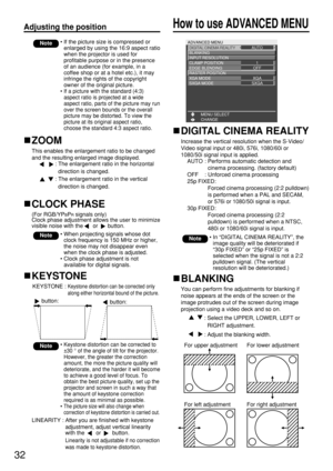 Page 3232
Adjusting the position
• If the picture size is compressed or
enlarged by using the 16:9 aspect ratio
when the projector is used for
profitable purpose or in the presence
of an audience (for example, in a
coffee shop or at a hotel etc.), it may
infringe the rights of the copyright
owner of the original picture.
• 
If a picture with the standard (4:3)
aspect ratio is projected at a wide
aspect ratio, parts of the picture may run
over the screen bounds or the overall
picture may be distorted. To view...