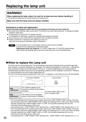 Page 5656
Replacing the lamp unit
Precautions on lamp unit replacement
Remove the power plug and confirm that the surroundings of the lamp unit have cooled off.
Be careful when handling a light source lamp. The lamp unit has high internal pressure. If improperly handled,
explosion might result.
A used lamp unit may burst if it is handled violently.
For disposition of used lamps, request an industrial waste disposal contractor.
If you continue to use a lamp after the replacement time, the lamp may break....