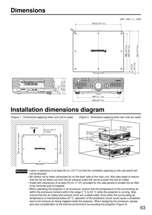 Page 6363
Dimensions
>PC<      TBMU448
RGB 2 IN VDSYNC/HDB/PBG/YRR/P
SERIALREMOTE 1
REMOTE 2 ININOUTLANDVI-D INRGB 1 INVIDEO INS-VIDEO  ININ OUT
86.5
(3 13/32)
167 (6 
12/64)
157 (6 
3/16)
530 (20 55/64)
436 (17 11/64)
368 (14 
31/64)
425 (16 
47/64)
441 (17 
23/64)
4 (5/32)
12 (15/32)
R30
478.5 (18 27/32)
unit : mm, ( ) : inch
Installation dimensions diagram
• Leave a clearance of at least 50 cm (19.7) so that the ventilation opening on the rear panel will
not be blocked.
• Be careful not to retain exhausted...