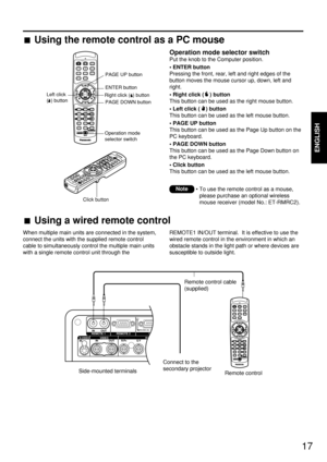 Page 1717
ENGLISH
Using the remote control as a PC mouse
Operation mode selector switch
Put the knob to the Computer position.
• ENTER button
Pressing the front, rear, left and right edges of the
button moves the mouse cursor up, down, left and
right.
• Right click ( ) button
This button can be used as the right mouse button.
• Left click ( ) button
This button can be used as the left mouse button.
• PAGE UP button
This button can be used as the Page Up button on the
PC keyboard.
• PAGE DOWN button
This button...