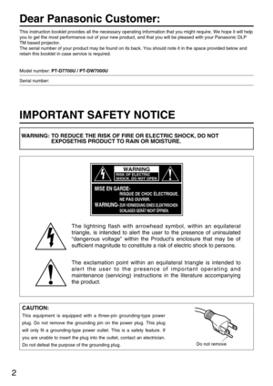 Page 22
Dear Panasonic Customer:
This instruction booklet provides all the necessary operating information that you might require. We hope it will help
you to get the most performance out of your new product, and that you will be pleased with your Panasonic DLP
TM based projector.
The serial number of your product may be found on its back. You should note it in the space provided below and
retain this booklet in case service is required.
Model number: PT-D7700U / PT-DW7000U
Serial number:
IMPORTANT SAFETY...