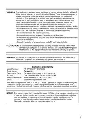 Page 33
WARNING:This equipment has been tested and found to comply with the limits for a Class B
digital device, pursuant to part 15 of the FCC Rules. These limits are designed to
provide reasonable protection against harmful interference in a residential
installation. This equipment generates, uses and can radiate radio frequency
energy and, if not installed and used in accordance with the instructions, may
cause harmful interference to radio communications. However, there is no
guarantee that interference...