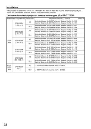 Page 2222
If the projector is used with a screen size not listed in this manual, check the diagonal dimension (inch) of your
screen and calculate the projection distance using the following formulas.
Calculation formulas for projection distance by lens types (for PT-D7700U)
Minimal distance:  L=0.1123 x Screen diagonal (inch) – 0.1158
Maximal distance: L=0.1786 x Screen diagonal (inch) – 0.1013
16:9 ET-D75LE5
(0.8:1)
Model number of projection lensAspect ratioProjection distance (L) formula Units: m 
L= 0.0158...