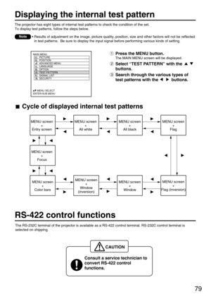 Page 7979
Displaying the internal test pattern
The projector has eight types of internal test patterns to check the condition of the set.
To display test patterns, follow the steps below.
• Results of adjustment on the image, picture quality, position, size and other factors will not be reflected
in test patterns.  Be sure to display the input signal before performing various kinds of setting.
Note
Press the MENU button.
The MAIN MENU screen will be displayed.
Select “TEST PATTERN” with the 
buttons.
Search...