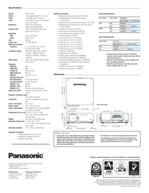 Page 6
Dimensions

8-1/4˝
Ø1-9/16˝
1-5/16˝ 18-3/16˝ 1-5/16˝ 20-7/8˝
4-15/16˝ 7-1/2˝ 10-3/8˝
18-7/16˝
1-1/4˝
1/16˝
22-3/8˝
21-9/32˝
1-1/8˝
7-7/8˝
6-11/16˝ 4-3/8˝
1-3/4˝
3-13/16˝
1/4˝
(209)
(
Ø40)
(34) (462) (34) (530)
(125) (191) (264)
(468)
(32)
(2)
(569)
 (540)
(29)
(200)
(170) (111)
(44)
(97)
(6)
Unit: inches (mm)
Specifications
PT-DW7000U1-04SEP30K  Printed in Japan.
System
Device
Pixels
Lamp
Brightness
Contrast ratio
Resolution
RGB
Video
Lens
Screen size
RGB input scanning  frequency
Component signal
V...