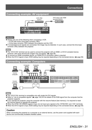 Page 31Connections
ENGLISH - 31
Getting Started
Connecting example: AV equipment 
VCR (TBC built-in)DVD player with HDMI  
terminal (HDCP)
or
Attention  
z
Always use one of the following when connecting a VCR. 
– A VCR with built-in time base corrector (TBC) 
– A time base corrector (TBC) between the projector and the VCR 
 
z
If nonstandard burst signals are connected, the image may be distorted. \
In such case, connect the time base 
corrector (TBC) between the projector. 
Note  
z
The  terminal can be used...