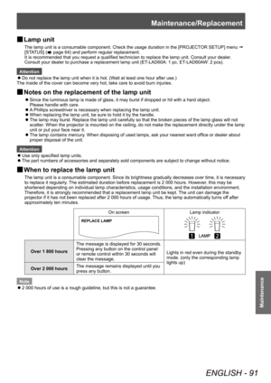 Page 91Maintenance/Replacement
ENGLISH - 91
Maintenance
 
■ Lamp unit
The lamp unit is a consumable component. Check the usage duration in the\
 [PROJECTOR SETUP] menu  
[STATUS] (
 page 64) and perform regular replacement. 
It is recommended that you request a qualified technician to replace the lamp unit. Consult your dealer. 
Consult your dealer to purchase a replacement lamp unit (ET-LAD60A: 1 pc, ET-LAD60AW: 2 pcs).
Attention  
z
Do not replace the lamp unit when it is hot. (Wait at least one hour after...