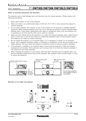 Page 14SP E CFI L E
PTDW730S /DW730K /DW730LS /DW730LKD L P™P ro j e c t o r s
As  of  December 2011
SFD11M\f\f11
1 4 \b 1 5
N o t e s   o n   p ro j e c t o r   p l a c e m e n t   a n d   o p e r a t i o n  
T h e   p ro j e c t o r   u s e s   a   h i g h  w a t t a g e   l a m p   t h a t   b e c o m e s   v e r y   h o t   d u r i n g   o p e r a t i o n .   P l e a s e   o b s e r v e   t h e
f o l l o w i n g   p re c a u t i o n s .
1 . N e v e r   p l a c e   o b j e c t s   o n   t o p   o f   t h e...