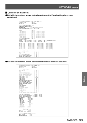 Page 105NETWORK menu
ENGLISH - 105
Settings
Contents of mail sent 
J
Mail with the contents shown below is sent when the E-mail settings have\
 been  
Q
established.
ùùùÜ			*		/	+	*	%	Ü	,	.	+	&	!		0	+	.Ü	.	!	,	+	.	0äÿ		
						åÜùùù
		.	+	&	!		0	+	.Ü		5	,	!ÜÜÜÜÜÜÜÜÜÜöÜ		ææææ
		!	.	%		(Ü	
	+ÜÜÜÜÜÜÜÜÜÜÜÜÜÜÜöÜ		íîïðñòó
éééééÜÜ	é	)		%	(Ü	/	!	0	1	,Ü	 		0	Üééééé
							ý				Ü	ý		
		
	Ü					Ü
				
	...