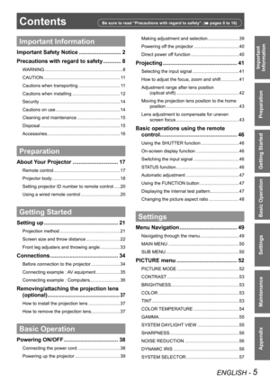 Page 5ENGLISH - 5
Important  
Information
Preparation
Getting Started
Basic Operation
Settings
Maintenance
Appendix
ContentsBe sure to read “Precautions with regard to safety”. ( pages 8 to 16)
Important Information
Important Safety Notice  ............................ 2
Precautions with regard to safety  ............ 8
WARNING ..............................................................8
CAUTION  ............................................................. 11
Cautions when transporting...