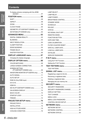 Page 66 - ENGLISH
Important  
Information
Preparation
Getting Started
Basic Operation
Settings
Maintenance
Appendix
Contents
To display pictures complying with the sRGB 
standard  ........................................................ 57
POSITION menu  ....................................... 58
SHIFT  ...................................................................58
ASPECT  ...............................................................58
ZOOM...