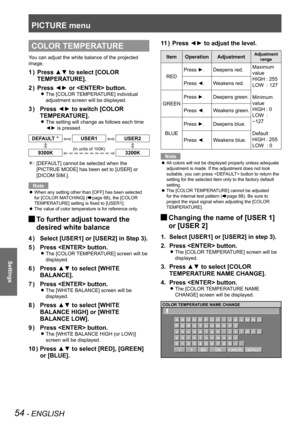 Page 54PICTURE menu
54 - ENGLISH
Settings
COLOR TEMPERATURE
You can adjust the white balance of the projected 
image.
Press ▲▼ to select [COLOR 
1  ) 
TEMPERATURE].
Press ◄► or  button.
2  ) 
The [COLOR TEMPERATURE] individual  
z
adjustment screen will be displayed.
Press ◄► to switch [COLOR 
3  ) 
TEMPERATURE].
The setting will change as follows each time  
z
◄► is pressed.
DEFAULT ÛUSER1USER2
9300K 3200K
[DEFAULT] cannot be selected when the 
: 
Û
[PICTRUE MODE] has been set to [USER] or 
[DICOM SIM.].
Note...