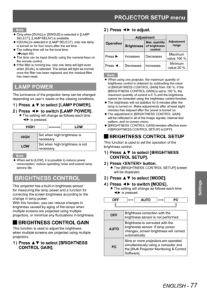 Page 77PROJECTOR SETUP menu
ENGLISH - 77
Settings
Note
Only when [DUAL] or [SINGLE] is selected in [LAMP 
 
z
SELECT], [LAMP RELAY] is available
If [DUAL] is selected in [LAMP SELECT], only one lamp 
 
z
is turned on for four hours after the set time.
The setting time will be the local time.  
 
z
(
Æpage  84)
The time can be input directly using the numeral keys on 
 
z
the remote control.
If the filter is running low, only one lamp will light even 
 
z
when [DUAL] is selected. The lamps will light as normal...