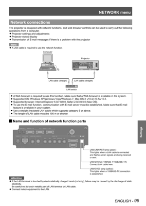 Page 95NETWORK menu
ENGLISH - 95
Settings
Network connections
The projector is equipped with network functions, and web browser contro\
ls can be used to carry out the following 
operations from a computer.Projector settings and adjustments
 
z
Projector status display 
z
Transmission of E-mail messages if there is a problem with the projector 
z
Note
A LAN cable is required to use the network function.
 
z
A Web browser is required to use this function. Make sure that a Web browser is available in the system....
