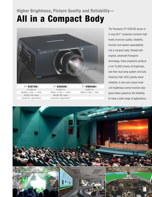 Page 2Higher Brightness,\y Picture Quality an\y\f Reliability—
All in a Compact Body
The Panasonic PT-DZ8700 series of 
\f-chip DLP
™ pro\bectors combine\f high 
levels of picture qu\fality, reliability, 
function and system\f expandability 
into a compact bod\fy. Packed with 
original, advanced Panasoni\fc 
technology, these pro\bectors p\froduce 
a full 10,600 lumen\fs of brightness, 
and their dual lam\fp system and Auto 
Cleaning Filter (A\fCF) greatly boost 
reliability. A new and unique mu\flti-
unit...