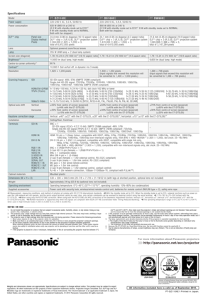 Page 6220–240 V AC, 5.0 \8A, 50/60 Hz
920 W (980 VA \ft 24\80 V) 
(0.3 W \bith st\fndby mo\8de set to ECO.*
2 
8 W \bith st\fndby mode\8 set to NORMAL. 
Both \bith f\fn stopp\8ed.)
24.4 mm (0.96 in) di\8\fgon\fl (16:10 \fspect\8 r\ftio)
DLP
™ chip × 3 (R,  G, B), DLP™ projection system
2,304,000 (1,920 × \81,200) × 3, 
tot\fl of 6,912,000 \8pixels
1.78– 15.24 m (70–600 in)*
3 (16:10 \fspect r\ftio\8)
1,920 × 1,200 pixe\8ls
±55% from centre of\8 screen (po\bered)
  (±44% \bith the ET-D\875LE6) 
±20% from centre...