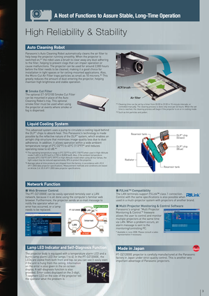 Page 4
Auto Cleaning Robot
Panasonic’s Auto Cleaning Robot automatically cleans the air filter to help keep the projector running smoothly. When the projector is switched on,*1 the robot uses a brush to clear away any dust adhering to the filter, helping to prevent clogs that can impair operation or cause malfunctions. The projector can be used for around 2,000 hours before the filter needs to be cleaned, making it a good choice for installation in tight spaces or for ceiling-mounted applications. Also, the...