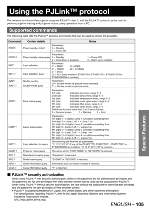 Page 105ENGLISH – 105
Special Features
 
Using the PJLink™ protocol
The network function of the projector supports PJLink™ class 1, and the PJLink™ protocol can be used to 
perform projector setting and projector status query operations from a PC.
Supported commands
The following table lists the PJLink™ protocol commands that can be used to control the projector.
Command Control details Notes
POWR Power supply controlParameters
0 = Standby
1 = Power ON
POWR ? Power supply status queryParameters
0 = Standby  1 =...