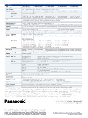 Page 4PT-EZ570 Ser ies
LCD P rojectors
PT-EZ570/EZ570L
PT -EW630/EW630L
PT -EX600/EX600L
PT -EW530/EW530L
PT -EX500/EX500L
Bright, Ecological Projectors with Excellent System Flexibility
PT -EZ570G1  Printed in Japan.
All 
information  included here is  valid  as of April  2012.
For more  informat ion abou t Panasoni c projec tors, please  visit :
Proj ector Global  Web Site – panasonic.net /avc /pro jectorFa cebook  – www.faceboo k.com/ panasonicprojectorYouTub e – www .youtube .com /use r/Pa nasonicPro...