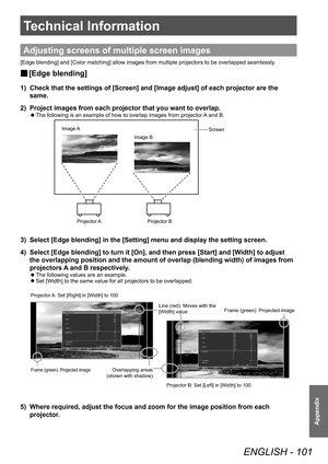 Page 101Technical Information
ENGLISH - 101
Appendix
Technical Information
Adjusting screens of multiple screen images
[Edge blending] and [Color matching] allow images from multiple projectors to be overlapped seamlessly.
■
■ [Edge blending]
1) 
Check that the settings of [Screen] and [Image adjust] of each projector are the 
same.
2)  Project images from each projector that you want to overlap.
■
z The following is an example of how to overlap images from projector 
A and B.
6FUHHQ
,PDJH
$
3URMHFWRU $...