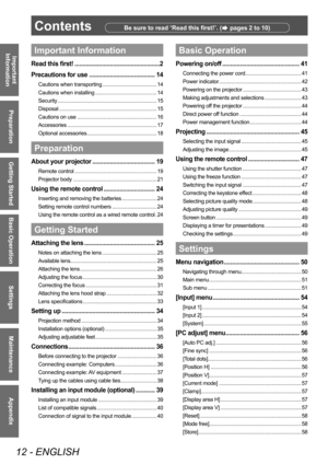 Page 12Contents
12 - ENGLISH
Important 
Information
Preparation
Getting Started
Basic Operation
Settings
Maintenance
Appendix
ContentsBe sure to read “Read this first!”. (  pages 2 to 10)
Important Information
Read this first!
 ..................................................... 2
Precautions for use  ......................................... 14
Cautions when transporting  ....................................... 14
Cautions when installing  ............................................ 14
Security...