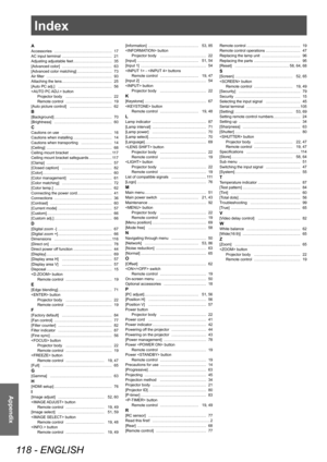 Page 118Index
118 - ENGLISH
Appendix
Index
AAccessories ……………………………………… 17
AC input terminal  ………………………………… 21
Adjusting adjustable feet  ………………………… 35
[Advanced color]  ………………………………… 63
[Advanced color matching]  ……………………… 73
Air filter  …………………………………………… 93
Attaching the lens  ………………………………… 25
[Auto PC adj.]  …………………………………… 56
 button Projector body  ……………………………… 22
Remote control  ……………………………… 19
[Auto picture control]  …………………………… 62
B[Background] ……………………………………… 70
[Brightness]  ……………………………………… 60
CCautions...