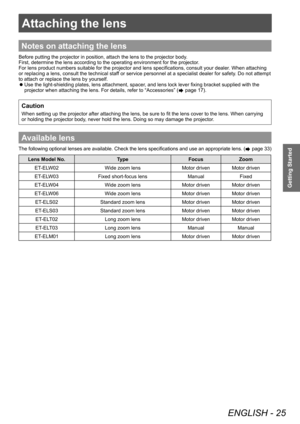 Page 25Attaching the lens
ENGLISH - 25
Getting Started
Attaching the lens
Notes on attaching the lens
Before putting the projector in position, attach the lens to the projector body.
First, determine the lens according to the operating environment for the projector .
For lens product numbers suitable for the projector and lens specifications, consult your dealer . When attaching 
or replacing a lens, consult the technical staff or service personnel at a specialist dealer for safety. Do not attempt 
to attach or...