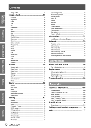 Page 1212 - ENGLISH
Important 
 
Information
Preparation
Getting Started
Basic Operation
Settings
Maintenance
Appendix
Contents
Image 1-10 ...................................................................55
Image adjust.............................................56
Contrast ........................................................................56
Brightness  ....................................................................56
Color...