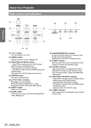 Page 22About Your Projector
22 - ENGLISH
Preparation
Side control and Indicators
(1)
(2)
(4)(5)
(7)
(6)
(8)
(9)
(1)  button
Turn the projector on or off.
(2)  button
     Displays the menu screen. (Æpage 47)
(3) / button
   *  button (Only for EZ570 series, 
EW630 series and EX600 series.) 
  Close and open up the built-in shutter.
   *  button (Only for EW530 series and 
EX500 series.) 
  Temporarily turn off the image on the screen.
(4)  button
Execute the selected item.
(5) ▲▼◄► (VOL-/+) buttons
Navigate the...