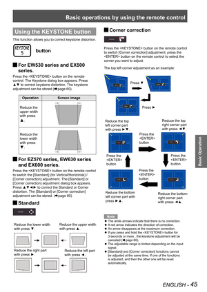 Page 45Basic operations by using the remote control
ENGLISH - 45
Basic Operation
Using the KEYSTONE button
This function allows you to correct keystone distortion.
 button
For EW530 series and EX500  J
series.
Press the  button on the remote 
control. The Keystone dialog box appears. Press 
▲▼ to correct keystone distortion. The keystone 
adjustment can be stored (Æpage 60).
OperationScreen image
Reduce the 
upper width 
with press 
▲.
Reduce the 
lower width 
with press 
▼.
For EZ570 series, EW630 series  J...