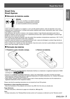 Page 9Read this first!
ENGLISH - 9
Important 
 
Information
Trademarks
HDMI, the HDMI logo and High-Definition Multimedia Interface is a trademark or registered trademark of HDMI • 
Licensing LLC. 
PJLink™ is a trademark or pending trademark in Japan, the United Stat\
es, and other countries and region.• 
RoomView and Crestron RoomView are registered trademarks of Crestron Electronics, Inc. Crestron Con\
nected • 
is the trademark of Crestron Electronics, Inc.
Other names, company names or product names used...