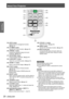 Page 20About Your Projector
20 - ENGLISH
Preparation
(15)(23)
(20)*
(22)
(19)
(14)
(18)
(16)
(26)
(17)
(25)
(24)
(21)
(14)  button
     Display the Eco management function. 
(Æpage 44)
(15)  button
     Operate the P-timer function. (Æpage 44)
(16)  button
     Pauses the projected image and sound 
tentatively. (Æpage 44)
(17)  button 
    Correct keystone distortion. (Æpage 45)
(18)  button
        Select the Lens Shift function. (Æpage 44)
(19)  button
         Zoom in and out the images. (Æpage 46)
(20)...