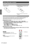Page 2424 - ENGLISH
Preparation
Using Remote control
Installing and Removing batteries
Open the cover1 ) Install batteries and close the cover2 ) 
(Insert the – side first.)
Remove the batteries in the reverse order of  z
installation. 
Setting Remote control ID numbers
When you use the system with multiple projectors, you can operate all th\
e projectors simultaneously or each 
projector individually using single remote control, if unique ID number \
is assigned to each projector.
After setting the ID number...