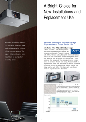 Page 2
With their outstanding flexibility,
PT-F100 series projectors make
ideal replacements for existing 
ceiling-mounted systems. They
require little maintenance after
installation, so total cost of 
ownership is low.
A Bright Choice for 
New Installations and
Replacement Use
Advanced Technologies that Maintain High
Brightness Over a Longer Service Life
Auto Rolling Filter (ARF) and Anti-Dust Design
A Micro Cut Filter, a high-efficiency electro-
static filter, with superior dust-collecting per-
formance...