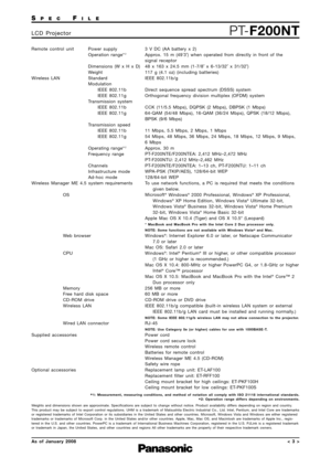 Page 3SPECFILE
PT-F200NTLCD Projector
As of January 2008< 3 >
Remote control unit Power supply
Operation range*
2
Dimensions (W x H x D)
Weight
Wireless LAN  Standard ModulationIEEE 802.11b
IEEE 802.11g
Transmission system IEEE 802.11b
IEEE 802.11g
Transmission speed IEEE 802.11b
IEEE 802.11g
Operating range*
2
Frequency range
Channels
Infrastructure mode
Ad-hoc mode
Wireless Manager ME 4.5 system requirements
OS
Web browser
CPU
Memory
Free hard disk space
CD-ROM drive
Wireless LAN
Wired LAN connector
Supplied...