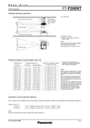 Page 5SPECFILE
PT-F200NTLCD Projector
As of January 2008< 5 >
Standard setting-up positions
Projection distance (screen aspect ratio 4:3)
Projected image
Lower edge of projected image
Upper edge of projected image
L
L L
Projected image
H
H
70 (2-3/4˝)
65
369–449
(14-17/32˝– 17-11/16˝)
Adjus table 
in 20-mm
(15/32-inch)  step
 13 (1/2˝)
195
Ø43 Ø49
(7-11/16˝)
(1-11/16˝)
(1-15/16˝)
unit : mm (inch)
A: Distance to screen
E: Height from the edge of screen to
center of lens
NOTE:
Illustrations show the projector...