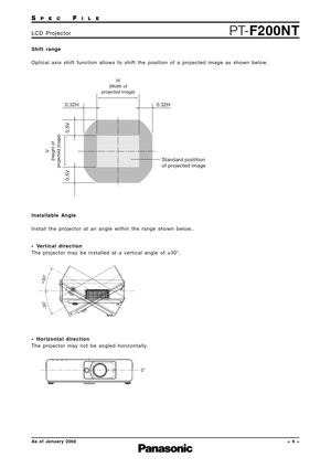 Page 6SPECFILE
PT-F200NTLCD Projector
As of January 2008< 6 >
Shift range
Optical axis shift function allows to shift the position of a projected image as shown below.
H(Width of
projected image)
V
(Height of
projected image)
0.5V 0.5V
0.32H
0.32H
Standard pos tition 
of projected image
Installable Angle
Install the projector at an angle within the range shown below..
• Vertical direction
The projector may be installed at a vertical angle of ±30°.
• Horizontal direction
The projector may not be angled...