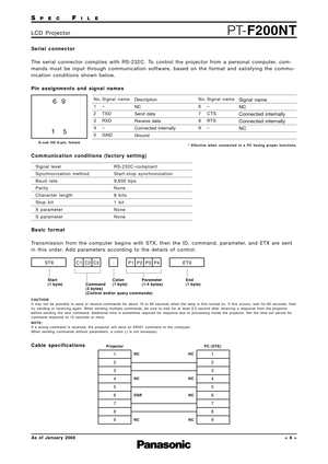 Page 8SPECFILE
PT-F200NTLCD Projector
As of January 2008< 8 >
STXETX
C1 C2 C3 : P1 P2 P3 P4
Start
(1 byte) End
(1 byte)
Colon
(1 byte) Parameter
(1-4 bytes)
Command
(3 bytes)
(Control and/or query commands)
Serial connector
The serial connector complies with RS-232C. To control the projector from a personal computer, com-
mands must be input through communication software, based on the format and satisfying the commu-
nication conditions shown below.
Pin assignments and signal names
Communication conditions...