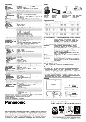 Page 6Model
Power supply
Power consumption
LCD panelPanel size
Display method
Drive method
Pixels
Pixel configuration
Lens
Lamp
Projection size
Colours
Brightness *
1
Centre-to-corner 
uniformity *1
Contrast ratio *1
Resolution (RGB)
Scanning frequency 
RGB
YP
BPR
S-Video/Video 
Optical axis shift *
3
Keystone correction range
On-screen menu
Installation
Built-in speakers
Terminals
COMPUTER 1 IN
COMPUTER 2 IN/COMPUTER 1 OUT
COMPONENT IN
VIDEO IN 
S-VIDEO IN 
AUDIO IN (COMPUTER 1) 
AUDIO IN (COMPUTER 2)
AUDIO...