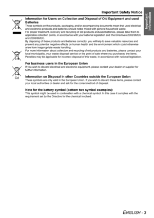 Page 3Important 
Information
Important Safety Notice
ENGLISH - 3
Information for Users on Collection and Disposal of Old Equipment and used 
Batteries
These symbols on the products, packaging, and/or accompanying documents mean that used electrical 
and electronic products and batteries should notbe mixed with general household waste. 
For proper treatment, recovery and recycling of old products andused batteries, please take them to 
applicable collection points, in accordance with your national legislation...