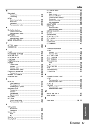 Page 57Appendix
Index
ENGLISH - 57
M
Mains lead
Accessories ............................................. 12
Connecting ............................................. 23
MENU
Control panel button ................................... 14
Main menu .............................................. 32
Navigation .............................................. 31
Remote control button ................................. 16
N
Navigation buttons
Control panel button ................................... 14
Remote control button...