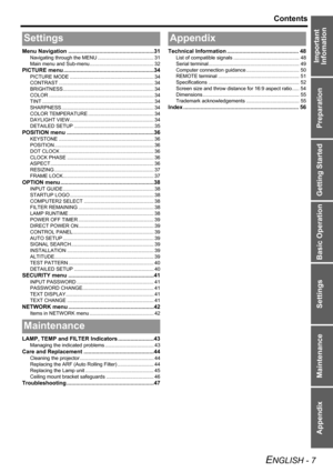 Page 7Preparation Getting Started Basic Operation Settings Maintenance Appendix
ENGLISH - 7
Contents
Important 
Infomation
Menu Navigation .......................................................31
Navigating through the MENU ........................................ 31
Main menu and Sub-menu.............................................. 32
PICTURE menu ..........................................................34
PICTURE MODE ............................................................ 34
CONTRAST...