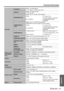 Page 53Technical Information
ENGLISH - 53
Appendix
Terminals
S-VIDEO INSingle - line, Mini DIN 4p
Y: 1.0 V [p-p], C: 0.286 V [p-p], 75Ω
VIDEO INSingle - line, RCA pin jack
1.0 V [p-p], 75Ω
COMPONENT1 INSingle - line, D - sub HD 15-pin (female)
R.G.B.
0.7 V [p-p], 75 
Ω
HD, VD/SYNCTTL high impedance, automatic 
positive/negative polarity 
compatible
COMPUTER2 IN/
1OUTSingle - line, D - sub HD 15-pin (female)
Selectable for input and output by menu operation.
R.G.B.
0.7 V [p-p], 75 Ω
HD, VD/SYNCTTL high...