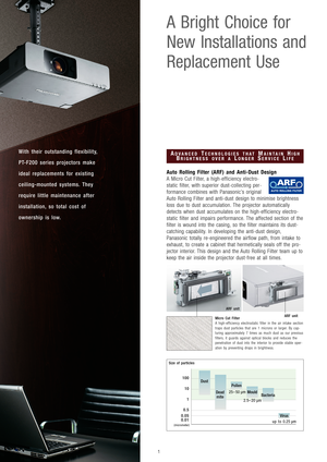 Page 2With their outstanding flexibility,
PT-F200 series projectors make
ideal replacements for existing 
ceiling-mounted systems. They
require little maintenance after
installation, so total cost of 
ownership is low.
A Bright Choice for 
New Installations and
Replacement Use
Auto Rolling Filter (ARF) and Anti-Dust Design
A Micro Cut Filter, a high-efficiency electro-
static filter, with superior dust-collecting per-
formance combines with Panasonic’s original
Auto Rolling Filter and anti-dust design to...